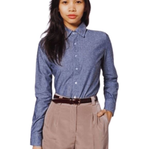 EUC American Apparel Unisex Long Sleeve Button Down RSACP400SA Blue Cham… - Picture 1 of 6